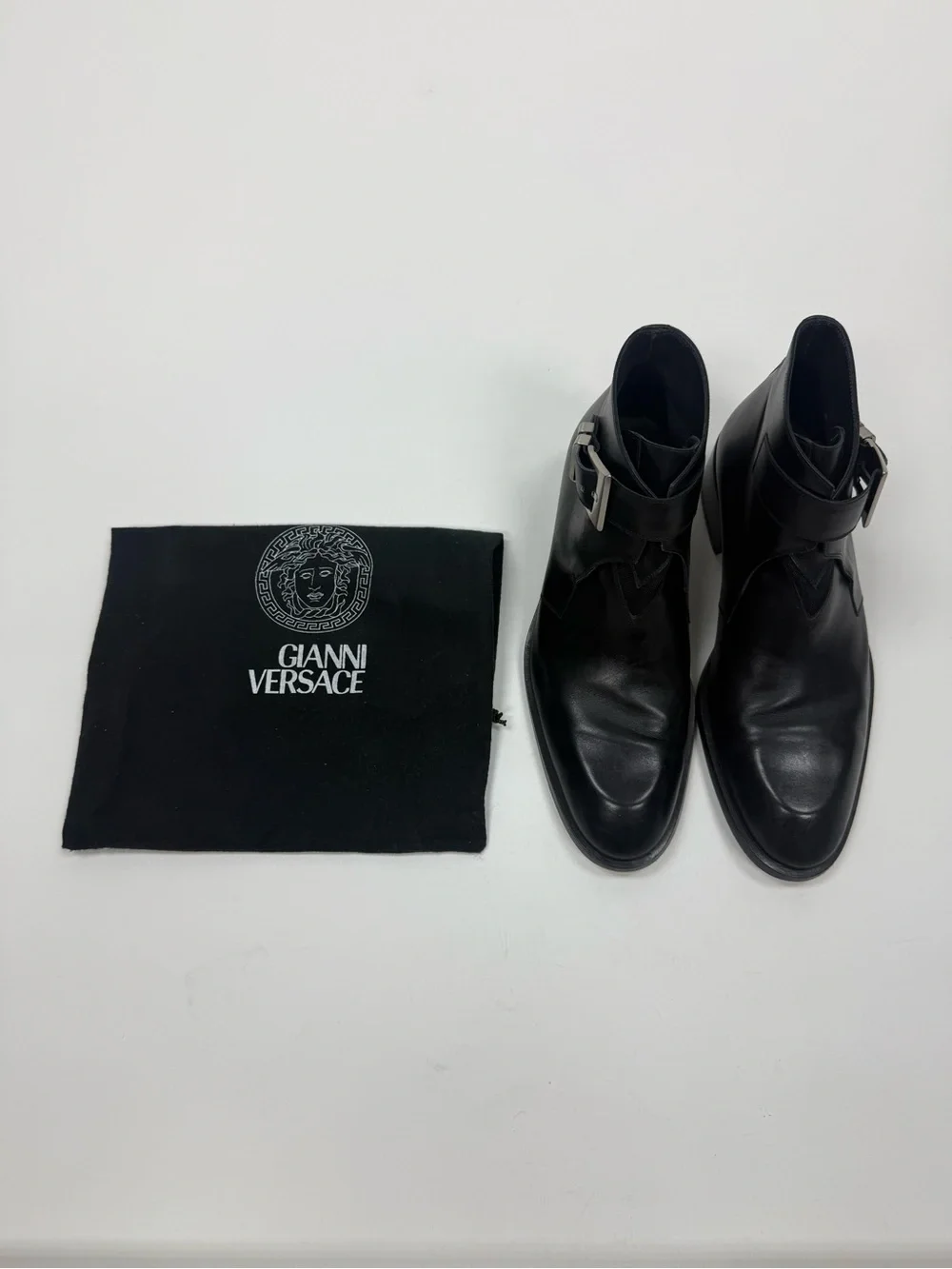 Versace Black Leather Chukka Boots with Silver Buckle